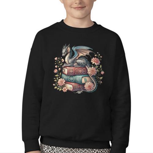 Cute Dragon Books Cottagecore Flower Bookworm Book Lover Youth Crewneck Sweatshirt - Bookorys UK
