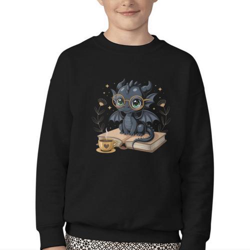 Cute Dragon Books Flower Bookworm Book Lover Youth Crewneck Sweatshirt - Bookorys