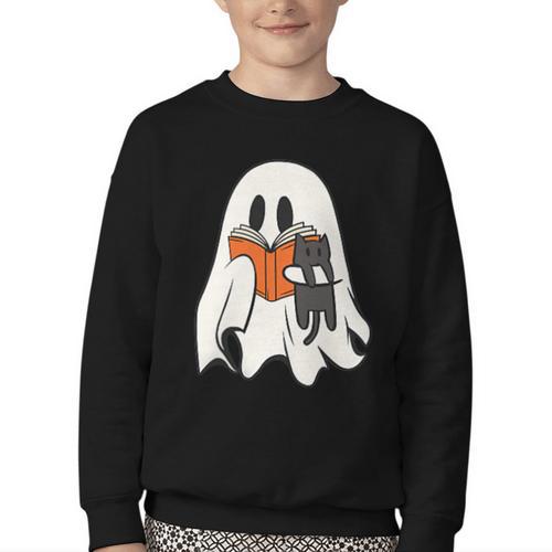 Cute Ghost Cat Reading Book Spooky Season Halloween Costume Youth Crewneck Sweatshirt - Bookorys CA