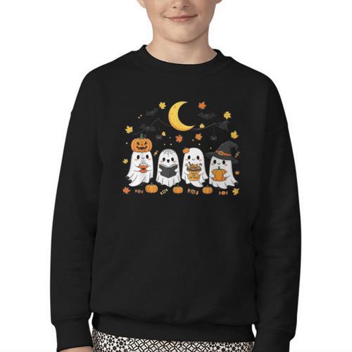 Cute Ghost Drinking Coffee Halloween Fall Ghost Book Reading Youth Crewneck Sweatshirt - Bookorys CA