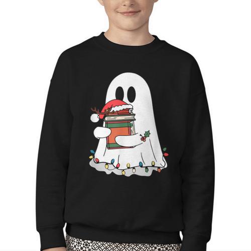 Cute Ghost Holding Books Bookish Christmas Youth Crewneck Sweatshirt - Bookorys AU