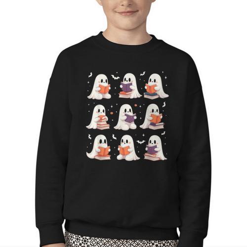 Cute Ghost Reading Book Lovers Halloween Ghost Youth Crewneck Sweatshirt - Bookorys