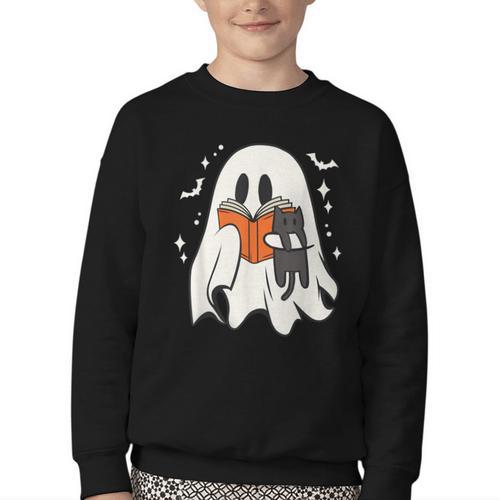 Cute Ghost Reading Book Spooky Season Halloween Costume Kids Youth Crewneck Sweatshirt - Bookorys