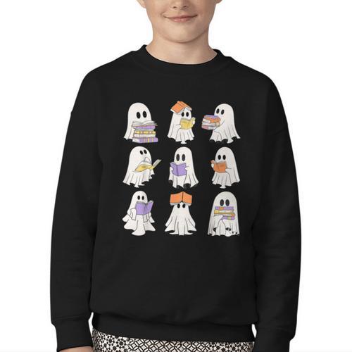 Cute Ghost Reading Books Teacher Halloween Reading Men Women Kids Youth Crewneck Sweatshirt - Bookorys