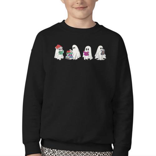 Cute Ghosts Reading Books Lover Spooky Season Halloween Youth Crewneck Sweatshirt - Bookorys CA
