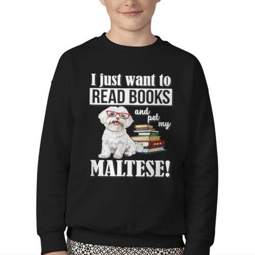 Cute Glasses Read Books & Pet My Maltese Lover Youth Crewneck Sweatshirt - Bookorys CA
