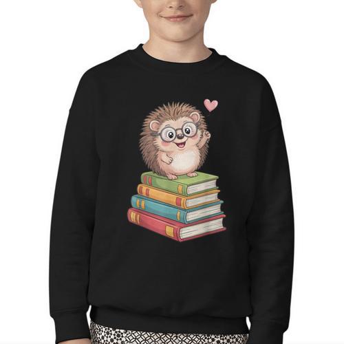 Cute Hedgehog Reading Books Animal Lover Reader Bookworm Youth Crewneck Sweatshirt - Bookorys CA