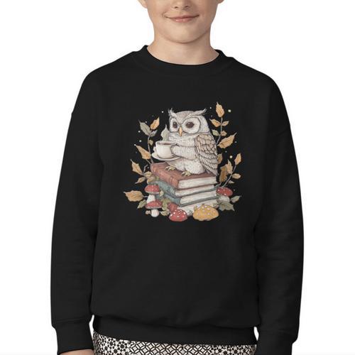 Cute Owl Sitting On Books With Coffee Cottage Core Youth Crewneck Sweatshirt - Bookorys