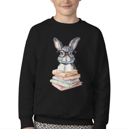 Cute Reading Bunny With Glasses Books Reader Book Bookworm Youth Crewneck Sweatshirt - Bookorys DE
