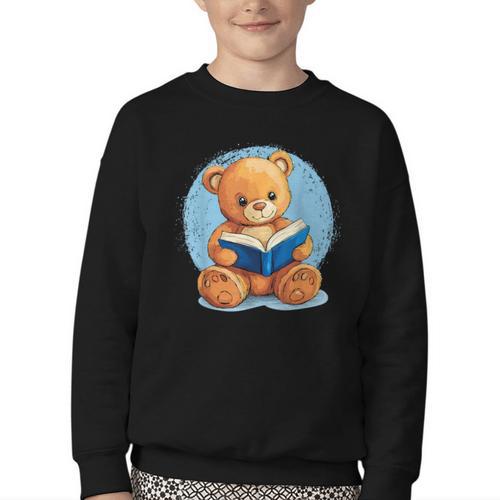 Cute Teddy Bear Reading Book Fun Youth Crewneck Sweatshirt - Bookorys AU