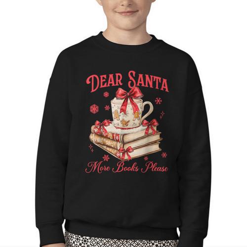 Dear Santa More Books Please Coquette Bow Books Christmas Youth Crewneck Sweatshirt - Bookorys