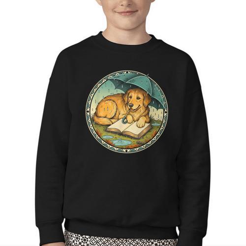 Dog Reading Book Rain Cozy Umbrella Cute Art Men Youth Crewneck Sweatshirt - Bookorys