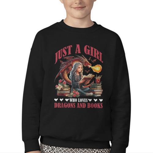 Dragon Just A Girl Who Loves Dragons And Books Youth Crewneck Sweatshirt - Bookorys
