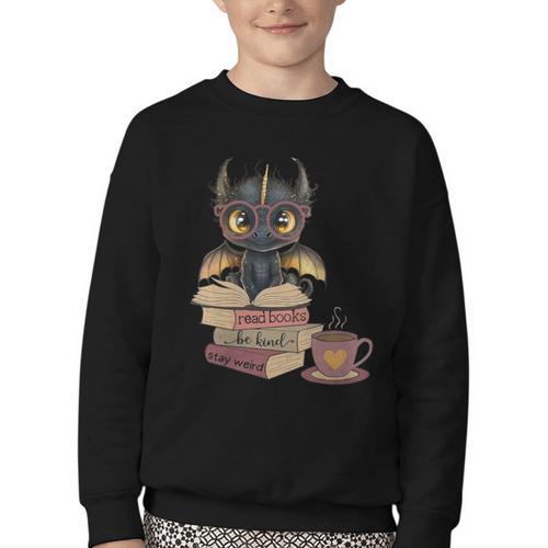 Dragon Read Books Be Kind Stay Weird Book Lover Youth Crewneck Sweatshirt - Bookorys