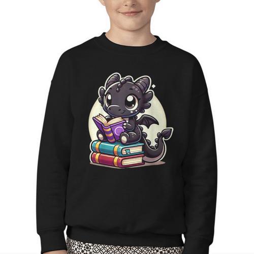 Dragon Reading A Book Cute Bookworm Book Lover Youth Crewneck Sweatshirt - Bookorys