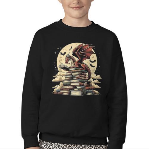 Dragon Reading a Book Dragons And Books Lover Bookworm Youth Crewneck Sweatshirt - Bookorys