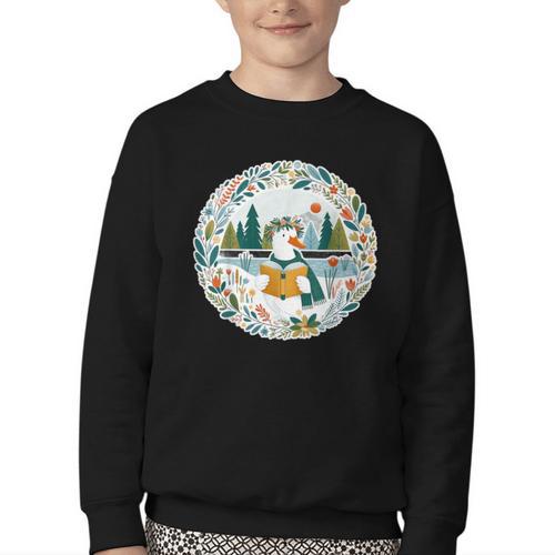 Duck Wilderness Book Reading Illustration Floral Youth Crewneck Sweatshirt - Bookorys