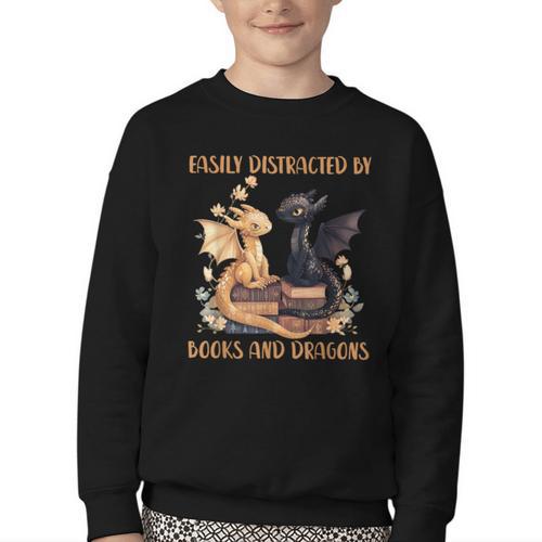 Easily Distracted By Books & Dragons Librarian Book Lover Youth Crewneck Sweatshirt - Bookorys