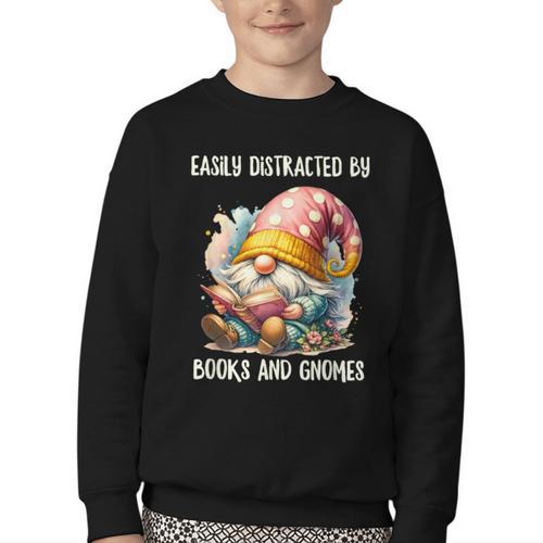 Easily Distracted By Books And Gnomes Book Reading Gnome Youth Crewneck Sweatshirt - Bookorys