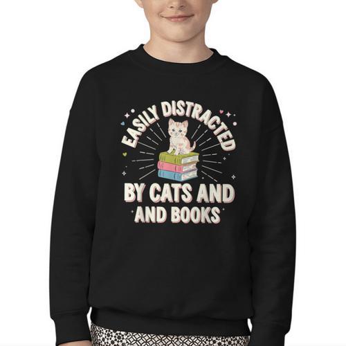 Easily Distracted By Cats & Books Tee Reader Book Worm Youth Crewneck Sweatshirt - Bookorys