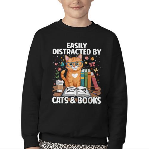 Easily Distracted By Cats And Books Book Lover Cat Youth Crewneck Sweatshirt - Bookorys DE