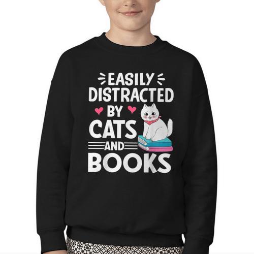 Easily Distracted By Cats And Books Cute Cat And Book Lovers Youth Crewneck Sweatshirt - Bookorys