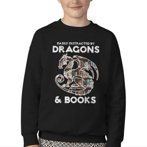 Easily Distracted By Dragons Books Bookworm Women Men Kids Youth Crewneck Sweatshirt - Bookorys CA
