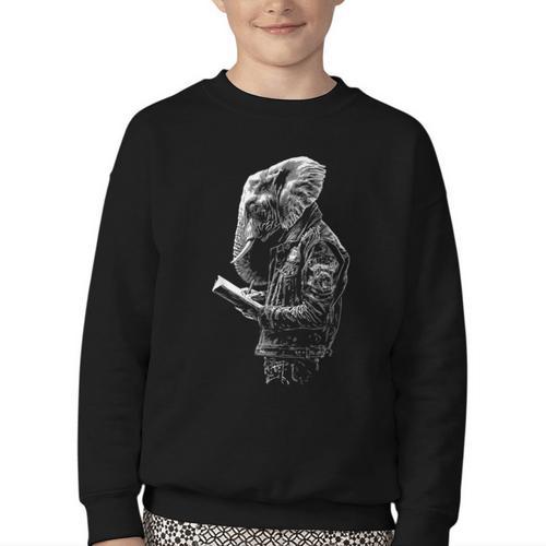 Elephant Holds Book Wriing Motif Animal Artwork Elephant Youth Crewneck Sweatshirt - Bookorys