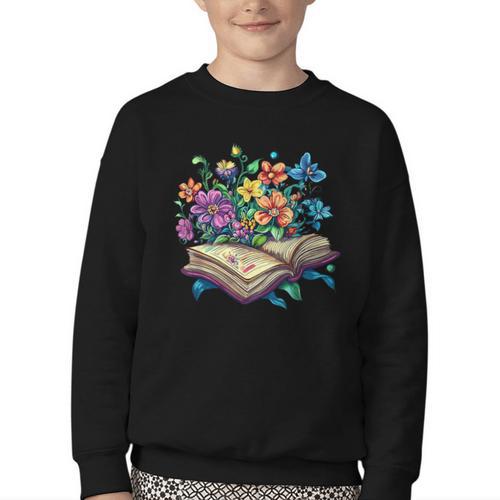 Enchanted Open Book With Blooming Flowers Youth Crewneck Sweatshirt - Bookorys