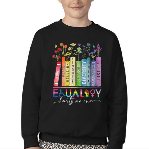 Equality Hurts No One Floral Books LGBTQ Gay Les Pride Month Youth Crewneck Sweatshirt - Bookorys