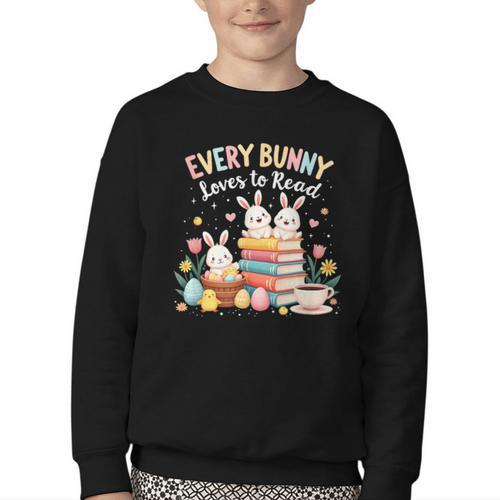 Every Bunny Loves To Read Book Lover Easter Day Apparel Youth Crewneck Sweatshirt - Bookorys CA