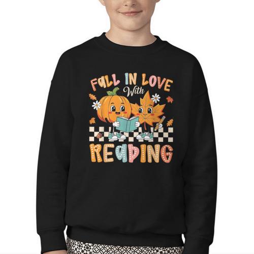 Fall In Love With Reading Thanksgiving Pumpkin Book Lover Youth Crewneck Sweatshirt - Bookorys