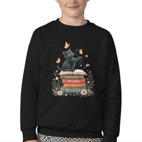 Fantasy Drama Tragedy Reading Lover Book Cat Humor Youth Crewneck Sweatshirt - Bookorys CA