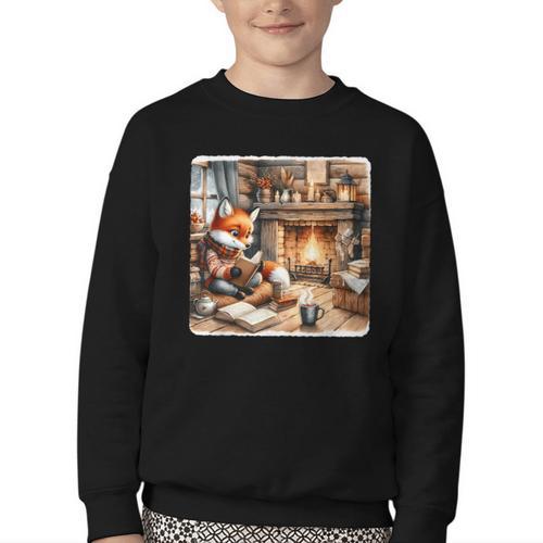 Fox Reads By Fireplace In Cabin Rustic Book Cozy Cup Tea Youth Crewneck Sweatshirt - Bookorys