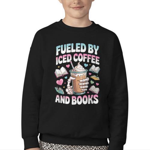 Fueled By Iced Coffee And Books Book Lover Retro Youth Crewneck Sweatshirt - Bookorys
