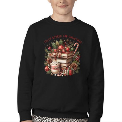 Fully Booked For Christmas Cozy Holiday Books Winter Reading Youth Crewneck Sweatshirt - Bookorys