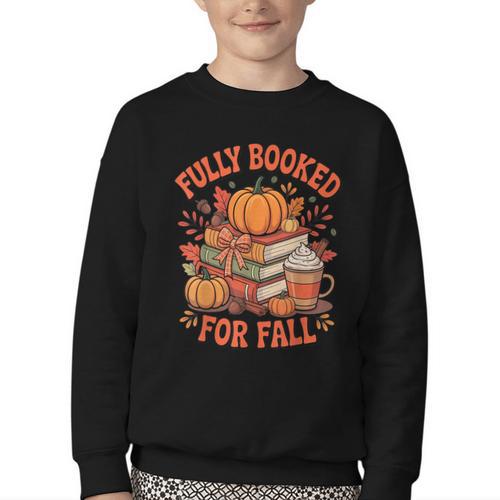 Fully Booked For Fall Books Pumpkin Autumn Thanksgiving Youth Crewneck Sweatshirt - Bookorys CA