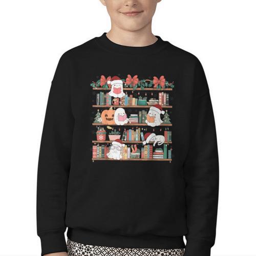 Ghost Christmas Reading Book Lover Library Christmas Teacher Youth Crewneck Sweatshirt - Bookorys AU