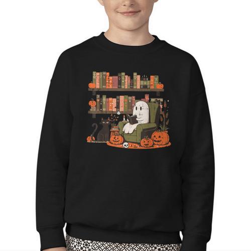 Ghost Library Reading Books Halloween Men Women Kids Youth Crewneck Sweatshirt - Bookorys AU