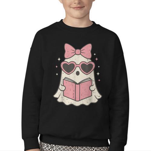Ghost Reading Book Halloween Cat Lover Youth Crewneck Sweatshirt - Bookorys AU