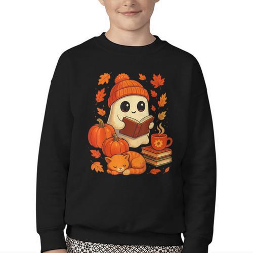 Ghost Reading Book Lovers Autumn Fall Halloween Youth Crewneck Sweatshirt - Bookorys CA