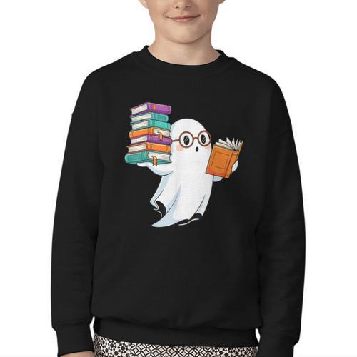 Ghost Reading Books Halloween Library Youth Crewneck Sweatshirt - Bookorys AU