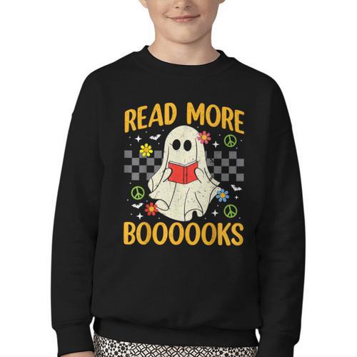 Ghost Reading Books Teacher Student Halloween Read More Book Youth Crewneck Sweatshirt - Bookorys