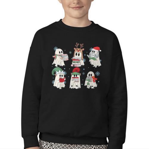 Ghost Santa Elf Squad Read Books Bookish Librarian Christmas Youth Crewneck Sweatshirt - Bookorys