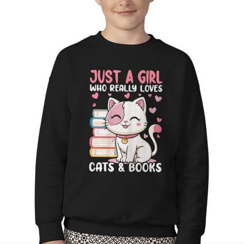 Girl Who Loves Cats And Books Cute Youth Crewneck Sweatshirt - Bookorys
