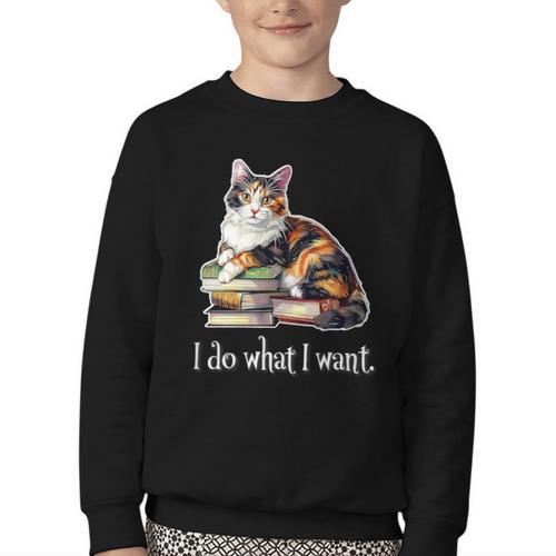 Girls Books I Do What I Want Calico Cat Lover Youth Crewneck Sweatshirt - Bookorys