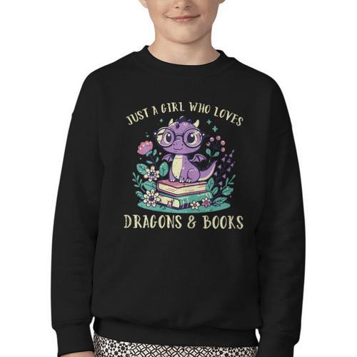 Girls Loves Dragon Books Fantasy Girls Kids Toddler Women Youth Crewneck Sweatshirt - Bookorys