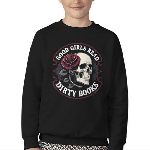 Good Girls Read Dirty Books Smut Reader Dark Romance Skull Youth Crewneck Sweatshirt - Bookorys DE