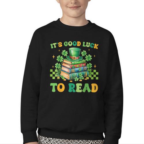 Goods Luck Read Librarian Book Patrick Days Shamrock Clover Youth Crewneck Sweatshirt - Bookorys DE