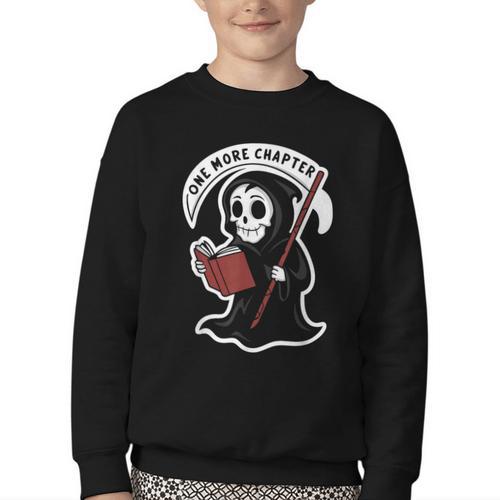 Grim Reaper Bookworm Cute Book Reading Halloween Youth Crewneck Sweatshirt - Bookorys CA